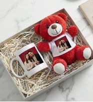 Kişiye Özel Fotoğraflı Peluş Ayıcık & Kişiye Özel Fotoğraflı Kupa Bardak Hediye Seti Kırmızı