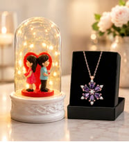 Led Işıklı Sırt Sırta Aşıklar Biblolu Fanus ve Gerçek Ametist Taşlı Lotus Kolye Sevgiliye Eşe Arkadaşa Hediye Seti