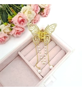 Zirkon Taşlı İnci Sallantılı Kelebek Model Gold Renk 6,5 cm Metal Kadın Mandal Toka(1 adet)