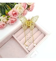 Zirkon Taşlı İnci Sallantılı Kelebek Model Gold Renk 6,5 cm Metal Kadın Mandal Toka(1 adet)