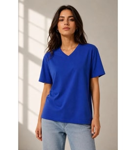 V Yaka Basic Tişört Kısa Kol Yazlık Regular Fit T-Shirt - Saks Mavisi
