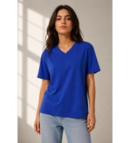 V Yaka Basic Tişört Kısa Kol Yazlık Regular Fit T-Shirt - Saks Mavisi