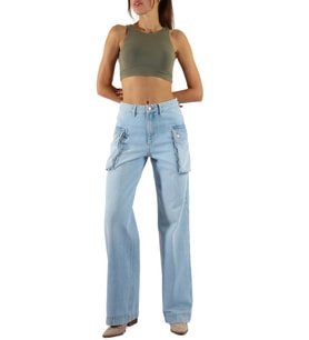 Bol Paça Açık Mavi Kargo Cepli Denim Pantolon
