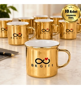 Logonuza Özel 10 Adet 300 ml Porselen Altın Enamel Kupa Bardak Kurumsal Hediye Seti