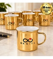 Logonuza Özel 10 Adet 300 ml Porselen Altın Enamel Kupa Bardak Kurumsal Hediye Seti
