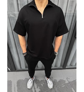 Erkek Yarım Fermuarlı Kısa kol T-Shirt - Siyah