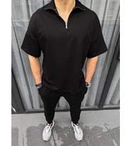 Erkek Yarım Fermuarlı Kısa kol T-Shirt - Siyah