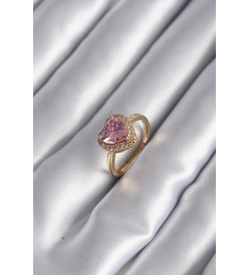Mey İthalat® Pirinç Renk Pembe Zirkon Taş Kalp Charm Model Kadın Yüzük
