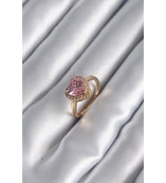 Mey İthalat® Pirinç Renk Pembe Zirkon Taş Kalp Charm Model Kadın Yüzük