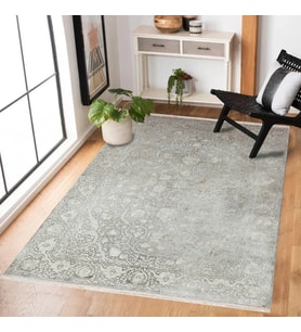 Gri Vintage Floral Motifli Salon Halısı Dijital Baskı Yumuşak Dokulu Dekoratif Koridor Ürünü