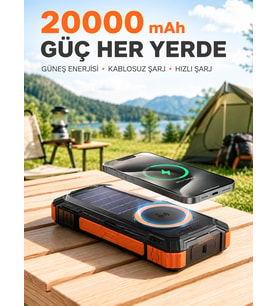 20000 mAh Powerbank Güneş Enerjili Kablosuz Şarj Hızlı Şarj Taşınabilir Batarya