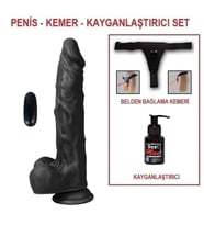 LilituShop 21 cm Belden Bağlamalı Titreşimli Gerçekçi Silikon Siyahi Penis Set