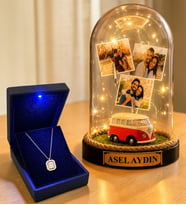 Kişiye Özel 3 Fotoğraflı Yazılı LED Fanus(vosvos) ve 925 Ayar Gümüş Gold Baget Kolye