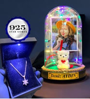 Kişiye Özel Renkli Led Işıklı Fanus ve Işıklı Kutuda 925 Ayar Gümüş Lotus Kolye (Model 1)