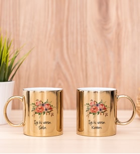 Kişiye Özel Çiçek Buketi İsimli İkili Gold Kupa Bardak