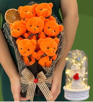 Büyük Boy 7'li Tasarım Peluş Ayıcık Buketi ve Led Işıklı Beyaz Melekli Fanus (Model 4)