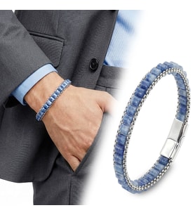 💎 Premium Mavi Aventurin Doğal Taşlı Hasır Örgü Zincirli Erkek Çelik Bileklik 31832B28D12 - 20 cm