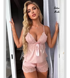 Intive Comfort Pudra Dantelli Saten Şort V Yaka Büstiyer Takım (Çeyiz İçin)
