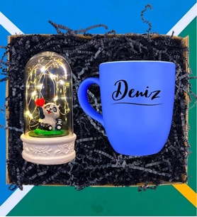 Kişiye Özel Kupa Bardak ve Işıklı Panda Temalı Fanus, Premium Set (Farklı Renk Seçenekleri) (Mavi)