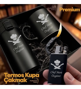 İsme Özel Chef Aşçı Logolu Premium Erkek & Kadın  Hediye Seti  - Çelik Termos Bardak Çakmak Kupa - Lüks Hediye Paketli