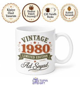 Vintage 1980 Doğumlu İngilizce Kupa Bardak Retro Doğum Yılı Hediye