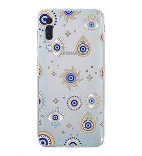 PrintiFy Samsung Galaxy A50 ile Uyumlu Nazar Boncuğu 5  Kamera Korumalı Şeffaf Silikon Kılıf