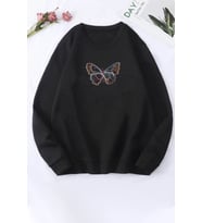 Unisex Butterfly Baskılı Bisiklet Yaka Sweatshirt (Siyah)