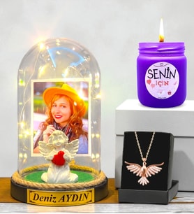 Premium Hediye Seti Size Özel Led Işıklı Fanus, Kokulu Mum ve Ametist Taşlı Anka Kuşu Kolye (Model 2)
