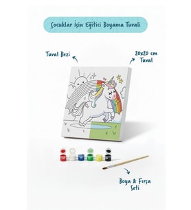 Unicorn & Gökkuşağı Figürlü Çocuk Boyama Tuvali – Şövalesiz Boya Seti 20x20