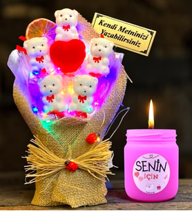Kişiye Özel Renkli Led Işıklı Ayıcık Buketi ve Pembe Kokulu Mum Hediye Seti