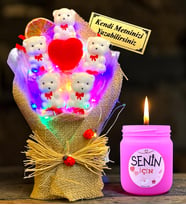 Kişiye Özel Renkli Led Işıklı Ayıcık Buketi ve Pembe Kokulu Mum Hediye Seti