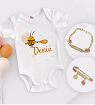 BK Kids Kişiye Özel Maşallah Tasarımlı Beyaz Bebek Body Zıbın Kız Bebek Künyesi ve İğnesi Hediye Seti-1
