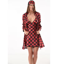 Serenity silk satin check negligee nightgown set 2433 (Kırmızı)