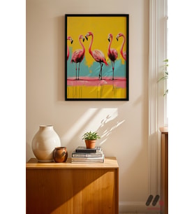 Flamingo Pop Art, Siyah Çerçeveli Duvar Tablosu - Renkli Ev Dekorasyonu
