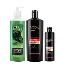 Avon Advance Techniques Onarıcı Şampuan Saç Kremi ve Erkek Saç ve Vücut Şampuanı Paketi