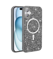 iPhone 17 Kılıf Pırlanta Tasarımlı M-safe Şarj Özellikli Mozaik Silikon Kılıf (Gri)