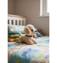 Sesli Havlayan Yavru Köpek Peluş Oyuncak (25 cm) Mavi İri Gözlü - Hediye ve Uyku Arkadaşı (Bej)