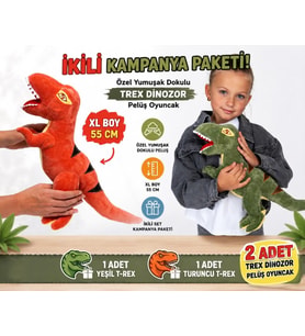 2'li XL T-Rex Dinozor Peluş Oyuncak Seti 55 cm İthal Soft Kumaş Uyku Oyun Arkadaşı Çocuklara Hediye