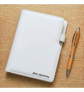 Kişiye Özel Deri Defter Bambu Kalem (Beyaz)