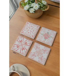 Pudra Renkli Temalı Bardak Altlığı 4’lü Set Doğal Taş (10x10 cm)