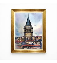 Tablore Tarihi Galata Kulesi Suluboya Görünümlü Kanvas Tablo Gold Çerçeveli İstanbul Manzaralı Tablo
