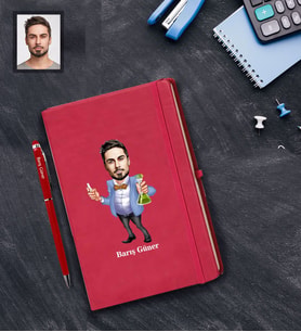Kişiye Özel Öğretmen Karikatürlü  Kırmızı Defter Kalem Hediye Seti Bay-18