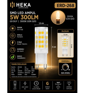 (1 Adet) Heka 5W Günışığı (3000K) G9 Duylu Dim Edilebilir LED Kapsül Ampul