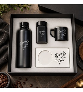 BK Gift Kişiye Özel İsimli Siyah Cam Suluk & Kahve Fincanı & Türk Kahvesi & MDF Bardak Altlığı - Hediye Kutulu Siyah Set-4