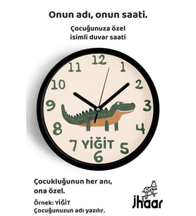 İsme Özel Sevimli Timsah Çocuk Odası Duvar Saati Orta Boy 30 cm Siyah Camlı Sessiz