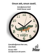 İsme Özel Sevimli Timsah Çocuk Odası Duvar Saati Orta Boy 30 cm Siyah Camlı Sessiz