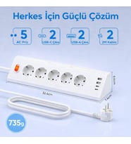 Akım Korumalı 5’li Köşe Çoklu Priz 2 USB-A 2 USB-C Gece Lambalı Dokunmatik 2 Metre Kablo 3680W (Beyaz)