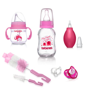 Ekonomik ve Kaliteli Biberon Emzik Hediye Seti, Cam Biberon, Suluk, Fırça, Emzik, Burun Aspiratörü (Pembe)