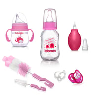 Ekonomik ve Kaliteli Biberon Emzik Hediye Seti, Cam Biberon, Suluk, Fırça, Emzik, Burun Aspiratörü (Pembe)