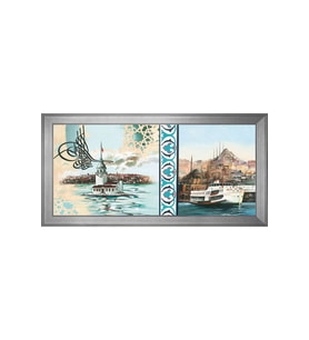 Tuğra Kız Kulesi ve İstanbul Boğaz Vapuru Motifli Kanvas Tablo 50 x 70 cm Silver Çerçeve